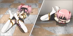 Rule 34 | 10s, 1girl, arms behind back, ball gag, bdsm, blindfold, blush, bondage, bound, bound ankles, bound arms, bound legs, bound wrists, box tie, crotch rope, drooling, femuto, gag, gagged, hogtie, indoors, kaname madoka, lying, mahou shoujo madoka magica, miniskirt, panties, pink hair, red ribbon, ribbon, rope, saliva, school uniform, sex toy, short twintails, skirt, struggling, thighhighs, twintails, underwear, vibrator, white thighhighs