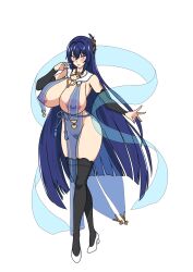 Rule 34 | 1girl, blue hair, bow, breast curtains, breasts, bulge, cleavage, covered erect nipples, erection, erection under clothes, highres, huge breasts, jewelry, large areolae, lingerie, long hair, maken-ki!, nijou aki, nipples through clothes, ribbon, shoes, underwear, white background