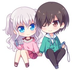 Rule 34 | 1boy, 1girl, black pants, blue eyes, blush, brown eyes, brown hair, camera, casual, charlotte (anime), chibi, closed mouth, commentary request, couple, green hoodie, hair between eyes, half updo, happy, hetero, holding, holding camera, holding hands, hood, hoodie, knees apart feet together, knees together feet apart, kousetsu, long hair, long sleeves, looking at another, miniskirt, one eye closed, otosaka yuu, pants, pink shirt, pleated skirt, red skirt, sandals, shirt, short hair, sidelocks, sitting, skirt, smile, tomori nao, transparent background, two side up, video camera, wavy hair, white hair