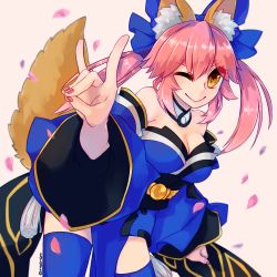 Rule 34 | 10s, 1girl, ;), animal ears, bare shoulders, blue thighhighs, blush, breasts, bright pupils, cherry blossoms, cleavage, closed mouth, detached sleeves, eyebrows, eyelashes, eyes visible through hair, fate/extra, fate (series), fingernails, fox ears, fox shadow puppet, fox tail, gradient background, hair between eyes, japanese clothes, legs apart, long hair, long sleeves, m/, medium breasts, nail polish, one eye closed, orange eyes, petals, pink background, pink hair, pink nails, sidelocks, smile, solo, standing, sunagimo (nagimo), tail, tamamo (fate), tamamo no mae (fate/extra), thighhighs, twintails, twitter username, white pupils, wide sleeves, zettai ryouiki