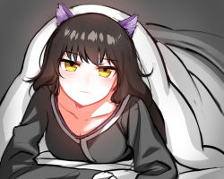 Rule 34 | 1girl, animal ears, arm support, bed, bed sheet, black hair, black kimono, blake belladonna, blanket, blush, breasts, cat ears, cat girl, cleavage, closed mouth, collarbone, extra ears, facing viewer, faunus (rwby), highres, japanese clothes, kimono, long hair, long sleeves, looking at viewer, lying, medium breasts, ndgd, on stomach, pajamas, rwby, solo, under covers, upper body, yellow eyes