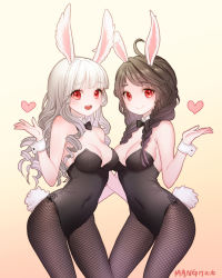 Rule 34 | 2girls, animal ears, bad id, bad pixiv id, bare shoulders, black hair, black legwear, braid, breasts, cleavage, covered navel, curly hair, detached collar, elin, fake animal ears, fishnet pantyhose, fishnets, highres, leotard, long hair, mang gi, multiple girls, open mouth, pantyhose, playboy bunny, rabbit ears, red eyes, smile, tail, tera online, twin braids, twintails, white hair, wrist cuffs