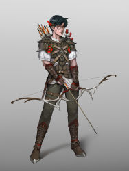 Rule 34 | 1boy, absurdres, animal, animal on shoulder, armor, bird, bird on shoulder, black hair, boots, bow (weapon), bracer, brown eyes, brown footwear, full body, gradient background, grey background, hair ornament, highres, knife, kyung hoon ahn (goldpants), leg belt, looking at viewer, male focus, monocle, o-ring, original, pants, pauldrons, quiver, sheath, shoulder armor, solo, standing, weapon