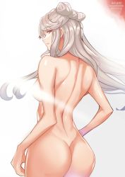 Rule 34 | 1girl, absurdres, artist name, ass, back, breasts, censored, folded hair, genshin impact, highres, light censor, long hair, looking at viewer, looking back, medium breasts, ningguang (genshin impact), nude, red eyes, shiro font, silver hair, solo, twitter username, white background
