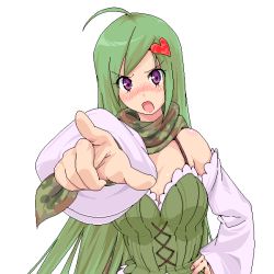 Rule 34 | 1girl, ahoge, amami amayu, annoyed, bare shoulders, blush, detached sleeves, green hair, heart, long hair, looking at viewer, mad face, open mouth, pointing, pointing at viewer, purple eyes, ragnarok online, ranger, ranger (ragnarok online), simple background, solo, white background