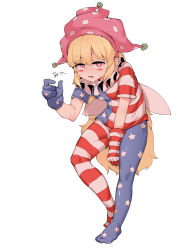 Rule 34 | 1girl, absurdres, american flag dress, american flag legwear, asymmetrical gloves, bad id, bad pixiv id, blonde hair, blue gloves, blush stickers, bright pupils, clownpiece, fairy wings, full body, gloves, hat, highres, jester cap, long hair, looking at viewer, mismatched gloves, neck ruff, pantyhose, pink eyes, pink hat, polka dot, red gloves, short sleeves, simple background, solo, soya6479, standing, star (symbol), touhou, very long hair, white background, wings
