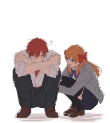 Rule 34 | 1boy, 1girl, black thighhighs, blue skirt, blush, bow, brown footwear, comforting, commentary request, covering face, crossed arms, embarrassed, full body, gekkan shoujo nozaki-kun, grey jacket, hair between eyes, hair bow, highres, hugging own legs, jacket, long hair, looking at another, mikoshiba mikoto, open mouth, orange hair, purple eyes, red eyes, red hair, sakura chiyo, school uniform, shirt, short hair, simple background, skirt, smile, squatting, ss023xx, sweatdrop, tearing up, tears, thighhighs, white background, white shirt