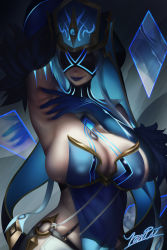 Rule 34 | 1girl, absurdres, arm up, armpits, blue dress, blue gloves, breasts, commentary, covered erect nipples, covered eyes, dress, elbow gloves, english commentary, genshin impact, gloves, hat, highres, large breasts, lipstick, makeup, mirror maiden (genshin impact), no bra, o-ring, parted lips, seductive smile, signature, skindentation, smile, solo, spread armpit, strapless, strapless dress, upper body, yonpii