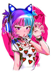 Rule 34 | 1girl, andrewcockroach, animal ear headphones, blue hair, blush, cat ear headphones, claw pose, copyright request, fake animal ears, fingernails, hand up, headphones, heart, heart necklace, heart print, jewelry, looking at viewer, multicolored hair, nail polish, necklace, open mouth, pink background, purple eyes, purple hair, red nails, shirt, short sleeves, signature, solo, two-tone hair, upper body, white shirt, zoom layer
