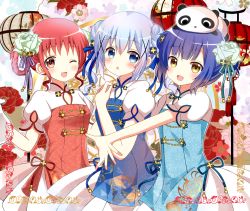 Rule 34 | 3girls, :d, ;d, animal, animal on head, blue dress, blue eyes, blue hair, blush, brown eyes, chestnut mouth, chimame-tai, china dress, chinese clothes, commentary request, double bun, dress, fang, flower, girl sandwich, gochuumon wa usagi desu ka?, green flower, hair between eyes, hair bun, hair flower, hair ornament, hair rings, highres, jouga maya, kafuu chino, lantern, looking at viewer, md5 mismatch, multiple girls, natsu megumi, on head, one eye closed, open mouth, outstretched arm, panda, paper lantern, parted lips, puffy short sleeves, puffy sleeves, red dress, red hair, resolution mismatch, ryoutan, sandwiched, short sleeves, side bun, sidelocks, single side bun, smile, source larger, x hair ornament, yellow eyes
