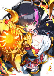 Rule 34 | 1girl, ahoge, black hair, breasts, cleavage, dnf duel, dragon knight (dungeon and fighter), dress, dungeon and fighter, fang, fire, green eyes, highres, horns, knight (dungeon and fighter), large breasts, long hair, looking at viewer, multicolored hair, omochishiki, pink hair, thighhighs