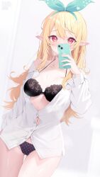 Rule 34 | 1girl, black bra, black panties, blonde hair, bra, breasts, buttoned cuffs, buttons, cellphone, cleavage, collarbone, commentary, deyui, english commentary, green ribbon, hair ornament, hair ribbon, heart, heart-shaped pupils, highres, holding, holding phone, large breasts, long hair, looking at viewer, nijisanji, nijisanji en, panties, phone, pointy ears, pomu rainpuff, red eyes, ribbon, smartphone, socks, symbol-shaped pupils, unbuttoned, unbuttoned shirt, underwear, virtual youtuber, white socks