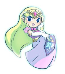 1girl :d absurdres black_eyes blonde_hair dress elbow_gloves floating full_body ghost gloves highres looking_at_viewer nin10ja nintendo open_mouth pointy_ears princess_zelda purple_dress smile solo the_legend_of_zelda the_legend_of_zelda:_spirit_tracks toon_zelda white_gloves