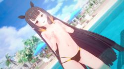Rule 34 | 1girl, 3d, bare shoulders, belly, bikini, black bikini, blunt bangs, breasts, cloud, covering privates, covering nipples, dutch angle, flat chest, gradient hair, hair between eyes, heavy breathing, highres, hololive, hololive english, long hair, looking at viewer, multicolored hair, navel, ninomae ina&#039;nis, open mouth, orange hair, outdoors, partially submerged, pointy ears, pool, purple hair, sky, smile, solo, standing, summer, swimsuit, tentacle hair, tentacles, tongue, topless, very long hair, virtual youtuber, wading, wataaamage, water