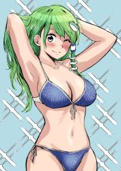 Rule 34 | 1girl, armpits, arms behind head, bikini, blue background, blue bikini, blush, breasts, cleavage, frog hair ornament, front-tie bikini top, front-tie top, green eyes, green hair, hair ornament, hands in hair, highres, kochiya sanae, large breasts, long hair, looking at viewer, navel, one eye closed, sen (daydream 53), side-tie bikini bottom, smile, snake hair ornament, solo, sparkle background, standing, stomach, swimsuit, touhou, upper body