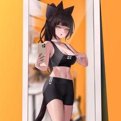Rule 34 | 1girl, :o, absurdres, animal ears, black bra, black hair, black shorts, blunt bangs, blurry, blurry background, blush, bow, bra, breasts, cat ears, cat girl, cat tail, cellphone, choker, cleavage, collarbone, cowboy shot, fieryonion, hair bow, highres, holding, holding phone, large breasts, long hair, looking at viewer, midriff, mirror, nail polish, navel, open mouth, original, phone, ponytail, purple bow, selfie, shorts, sidelocks, smartphone, solo, standing, tail, teeth, underwear, white choker, white nails, yellow eyes