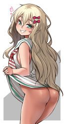 Rule 34 | 1girl, ass, bare arms, bare legs, blonde hair, blush, bow, clothes lift, commentary request, dress, dress lift, from behind, grecale (kancolle), green eyes, grin, hair between eyes, hair bow, hair ornament, heart, highres, kantai collection, konoshige (ryuun), lifted by self, long hair, looking at viewer, looking back, no panties, open mouth, ribbon, sailor collar, sailor dress, sleeveless, sleeveless dress, smile, solo, standing, tan, wavy hair, white background, white dress