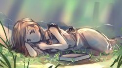 Rule 34 | 1girl, arm support, book, brown eyes, brown hair, dress, grass, long hair, looking at viewer, lying, muted color, on ground, on side, original, outdoors, sketch, smile, solo, soraizumi, sunlight