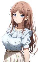 Rule 34 | 1girl, :o, absurdres, bang dream!, bang dream! it&#039;s mygo!!!!!, blue eyes, blue shirt, blush, breasts, brown hair, collarbone, highres, large breasts, long hair, looking at viewer, nagasaki soyo, noshimurin, parted bangs, shirt, shirt tucked in, short sleeves, simple background, skirt, solo, straight hair, very long hair, white background, white skirt