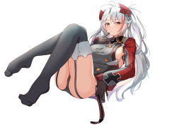 Rule 34 | 1girl, absurdres, antenna hair, ass, azur lane, black gloves, black panties, black thighhighs, blush, breasts, closed mouth, dress, full body, garter straps, gloves, gradient background, grey background, grey dress, grey hair, hair between eyes, headgear, highres, knees up, large breasts, long hair, long sleeves, looking at viewer, lying, moyoron, multicolored hair, no shoes, on back, orange eyes, panties, parted bangs, prinz eugen (azur lane), red hair, sideboob, simple background, sleeves past wrists, solo, spot color, streaked hair, thighhighs, two side up, underwear, very long hair, white background