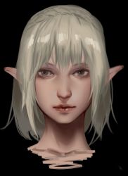 Rule 34 | 1girl, absurdres, black background, closed mouth, deras, elf, eyebrows, green eyes, green hair, highres, lips, looking at viewer, nose, original, pointy ears, portrait, short hair, simple background, solo