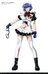 Rule 34 | 1girl, absurdres, blue gloves, blue hair, breasts, cleavage, cuffs, eyepatch, full body, gloves, gotou junji, green eyes, handcuffs, highres, holding, ikkitousen, large breasts, looking at viewer, maid, maid headdress, mole, mole under mouth, ryomou shimei, short hair, simple background, solo, standing, thighhighs, torn clothes, torn thighhighs, white background, white thighhighs