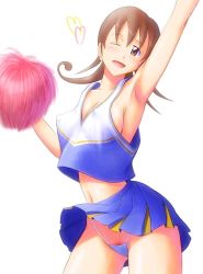 Rule 34 | 1girl, alternate costume, arm up, armpits, bonnie (rsg), breasts, brown eyes, brown hair, cheerleader, cleavage, duel masters, earrings, covered erect nipples, female pubic hair, heart, jewelry, large breasts, midriff, navel, one eye closed, open mouth, pom pom (cheerleading), pubic hair, sideboob, skirt, smile, solo, tasogare mimi, wink
