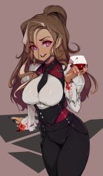 Rule 34 | 1girl, arm support, bad id, bad twitter id, between breasts, black necktie, black pants, blood, blood on clothes, borrowed character, breasts, brown background, brown hair, cup, eyes visible through hair, glass, highres, holding, holding cup, large breasts, long hair, looking at viewer, necktie, open mouth, original, pants, pointy ears, purple eyes, shirt, simple background, slit pupils, slugbox, solo, vampire, white shirt