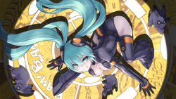 Rule 34 | 1girl, :q, aqua eyes, aqua hair, bodysuit, breasts, rabbit, cleavage, female focus, goggles, goggles on head, hatsune miku, long hair, looking at viewer, nidy, open \m/, smile, solo, tongue, tongue out, twintails, very long hair, vocaloid