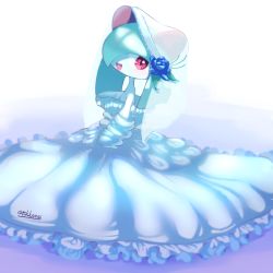 Rule 34 | 1girl, artist name, bare shoulders, blue flower, blue rose, blush, bride, child, clothed pokemon, colored skin, creatures (company), detached sleeves, dress, female focus, flat chest, flower, frilled dress, frills, from side, game freak, gen 3 pokemon, green hair, hair flower, hair ornament, hair over one eye, happy, highres, kirlia, long dress, long sleeves, looking at viewer, medium hair, nintendo, one eye covered, open mouth, oversized clothes, pokemon, pokemon (creature), red eyes, rose, see-through, sidelocks, signature, simple background, smile, solo, strapless, strapless dress, tsukkon, twitter username, veil, wedding dress, white background, white dress, white skin, white sleeves