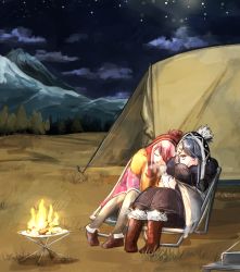 Rule 34 | 2girls, blue hair, boots, campfire, camping, camping chair, chair, cloud, coffee, coffee cup, commentary, cup, disposable cup, closed eyes, fire, forest, grass, hat, head on another&#039;s shoulder, kagamihara nadeshiko, long hair, mountain, multiple girls, nature, night, night sky, outdoors, pink hair, purple eyes, radio, scarf, shima rin, sitting, sky, sleeping, smile, star (sky), starry sky, steam, suda, tent, tree, winter clothes, yuri, yurucamp
