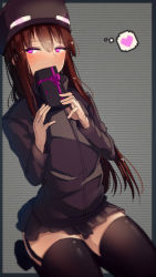 Rule 34 | 1girl, ander (at2.), at2., black hat, black thighhighs, blush, brown hair, covering own mouth, enderman, garter straps, grey background, half-closed eyes, hat, heart, highres, holding, jacket, long hair, minecraft, miniskirt, personification, purple eyes, simple background, skirt, solo, thighhighs, two-handed, valentine, zettai ryouiki