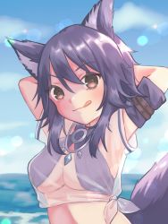 Rule 34 | 1girl, absurdres, animal ear fluff, animal ears, arms behind back, arms up, artist request, bikini, blush, breasts, cleavage, criss-cross halter, halterneck, highres, large breasts, looking at viewer, makoto (princess connect!), makoto (summer) (princess connect!), o-ring, o-ring bikini, o-ring top, ocean, outdoors, princess connect!, purple bikini, purple hair, see-through, shirt, solo, swimsuit, tail, tongue, underboob, wet, wet clothes, wet shirt, wolf ears, wolf girl, wolf tail, yellow eyes