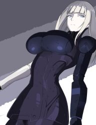 Rule 34 | 1girl, blame!, blue eyes, bodysuit, breasts, cibo, closed mouth, commentary, cyberpunk, cyborg, joints, large breasts, long hair, looking at viewer, mechanical arms, pale skin, robot joints, simple background, solo, takara joney, white hair