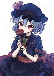 Rule 34 | 1girl, absurdres, alternate color, black dress, black hat, bow, cowboy shot, dress, flower, hakurei kaede, hat, hat ribbon, highres, holding, holding flower, looking at viewer, one-hour drawing challenge, red bow, red eyes, red flower, red ribbon, red rose, remilia scarlet, ribbon, rose, short sleeves, simple background, solo, standing, touhou, white background