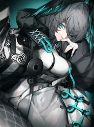 Rule 34 | 1girl, ankoro mochi, aqua eyes, arknights, belt, black coat, blue nails, breasts, coat, cowboy shot, dress, fingerless gloves, gloves, grey hair, head wings, highres, ho&#039;olheyak (arknights), hood, hood down, large breasts, long hair, long sleeves, looking at viewer, nail polish, open clothes, open coat, parted lips, smile, solo, tail, white dress, white gloves, wings