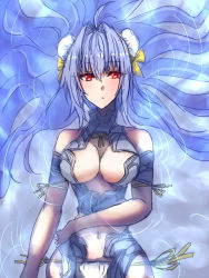 Rule 34 | 1girl, alternate costume, android, blue hair, breasts, commentary request, cyborg, himo, kos-mos, long hair, red eyes, solo, swimsuit, xenosaga