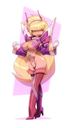 Rule 34 | 1girl, alternate ass size, alternate body size, alternate breast size, big hair, bigdad, blonde hair, blunt bangs, boots, breasts, cleavage, cosplay, facing viewer, full body, gloves, gravity falls, high heel boots, high heels, highres, kamui (kill la kill), kill la kill, long hair, looking at viewer, pacifica northwest, revealing clothes, simple background, smile, solo, standing, thigh boots, thighhighs, white background