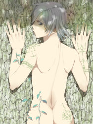 Rule 34 | 1boy, against tree, ass, back, bad id, bad pixiv id, blue eyes, character request, eyelashes, facial tattoo, from behind, looking at viewer, looking back, male focus, nape, nayu, nude, original, parted bangs, plant, shoulder blades, solo, tattoo, trap, tree, vines, white hair
