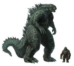 Rule 34 | abs, absurdres, ape, crossover, dinosaur, godzilla, godzilla: king of the monsters, godzilla (series), gorilla, height difference, highres, kaijuu, king kong, king kong (series), kong: skull island, monsterverse, muscular, muscular male, pectorals, scar, scar on chest, simple background, size comparison, size difference, tail, ultra-taf