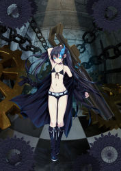 Rule 34 | 1girl, ano hito, armpits, bare legs, belt, bikini, bikini top only, bikini under clothes, black bikini, black bra, black coat, black footwear, black hair, black rock shooter, black rock shooter: dawn fall, black rock shooter (character), black shorts, boots, bra, chain, coat, front-tie bikini top, front-tie top, gears, glowing, glowing eye, highres, holding, holding weapon, indoors, knee boots, legs together, long hair, looking at viewer, scar, short shorts, shorts, solo, swimsuit, tile floor, tiles, underwear, weapon, white belt