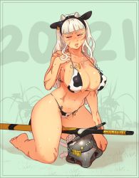 Rule 34 | 1girl, 2021, animal ears, animal print, barefoot, bikini, black hairband, blunt bangs, breasts, chinese zodiac, commentary, covered erect nipples, cow ears, cow horns, cow print, cow tail, embarrassed, english commentary, facial scar, fake animal ears, fake horns, front-tie bikini top, front-tie top, full body, hairband, unworn headwear, helmet, unworn helmet, highres, horns, jewelry, justrube, kneeling, knight, large breasts, long hair, looking away, original, pendant, print bikini, scar, scar on arm, scar on cheek, scar on face, scar on leg, scar on stomach, sheath, sheathed, silver hair, simple background, skindentation, solo, spaghetti strap, sweat, swimsuit, sword, tail, thick thighs, thighs, toned, weapon, year of the ox, zweihander