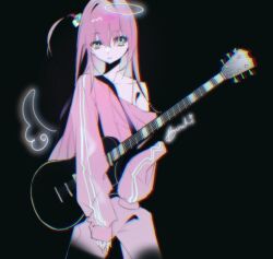 Rule 34 | 1girl, aqua eyes, black background, bocchi the rock!, chromatic aberration, cowboy shot, cube hair ornament, gotoh hitori, guitar, hair between eyes, hair ornament, halo, highres, instrument, jacket, long hair, looking at viewer, off shoulder, one side up, pants, pink hair, pink jacket, pink pants, pink track suit, raivarune, simple background, single bare shoulder, sleeves past fingers, sleeves past wrists, solo, track jacket, track pants, wings