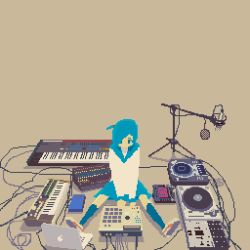 Rule 34 | 1girl, animated, animated gif, blue eyes, blue hair, computer, full body, instrument, keyboard (instrument), kneehighs, laptop, long sleeves, looping animation, microphone, motocross saito, original, phonograph, pixel art, school uniform, shirt, short hair, side ponytail, simple background, sitting, skirt, socks, solo, synthesizer, turntable