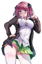 Rule 34 | 1girl, absurdres, black cardigan, black ribbon, blue eyes, blunt bangs, blush, breasts, cardigan, closed mouth, collared shirt, commentary request, contrapposto, cowboy shot, expressionless, go-toubun no hanayome, green skirt, hair ornament, hair ribbon, hand on own hip, hand up, highres, large breasts, long sleeves, looking at viewer, medium hair, nakano nino, open cardigan, open clothes, panties, pink hair, pink panties, pleated skirt, ribbon, sak (lemondisk), shirt, sidelocks, simple background, skirt, solo, underwear, untucked shirt, white background, white legwear, white shirt