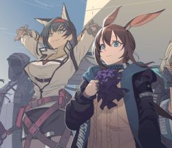 Rule 34 | 1other, 3girls, amiya (arknights), animal ears, arknights, ascot, black hair, black jacket, black skirt, blaze (arknights), blue ascot, blue collar, blue eyes, blue gloves, blue sky, cat ears, clothes writing, collar, doctor (arknights), extra ears, fingerless gloves, gloves, grey hair, hair between eyes, hairband, hand up, highres, hood, hood up, jacket, jewelry, liang chan xing make tu, long hair, long sleeves, mask, multiple girls, multiple rings, open clothes, open jacket, out of frame, outdoors, pouch, rabbit girl, red bag, red hairband, ring, rosmontis (arknights), shirt, skirt, sky, split mouth, white shirt