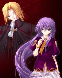 Rule 34 | 00s, age difference, blonde hair, cape, closed eyes, father and daughter, long hair, melty blood, purple eyes, purple hair, sion eltnam atlasia, tsukihime, type-moon, wallachia