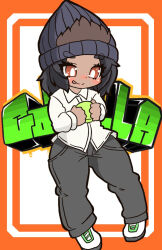 Rule 34 | 1girl, 8281925, :p, alternate costume, beanie, black pants, bright pupils, brown eyes, brown hair, character name, chibi, closed mouth, dark-skinned female, dark skin, eyebrows visible through hat, full body, gorilla (kemono friends), hair through headwear, hat, holding, kemono friends, long sleeves, medium hair, multicolored hair, pants, shirt, shoes, smile, sneakers, solo, tongue, tongue out, two-tone hair, white pupils, white shirt