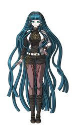 Rule 34 | 1girl, aqua eyes, asymmetrical sleeves, belt, black footwear, black shorts, blue hair, boots, breasts, brown hairband, brown pantyhose, cleopatra (fate), danganronpa (series), earrings, fate/grand order, fate (series), full body, hairband, hand on own hip, highres, jewelry, knee boots, large breasts, long hair, looking at viewer, makeup, pantyhose, ring, short shorts, shorts, smile, solo, thigh gap, transparent background, uneven sleeves, very long hair, yumaru (marumarumaru)