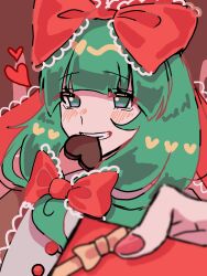 Rule 34 | 1girl, biting, blunt bangs, bow, box, chocolate, frilled bow, frills, front ponytail, green eyes, green hair, heart, heart-shaped box, highres, holding, holding box, kagiyama hina, looking at viewer, otukimi 0123, red nails, smile, solo, teeth, touhou, valentine